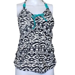 Longitude Ikat High Waist Tankini Top Only Black White Teal Slimming Long Sz M.